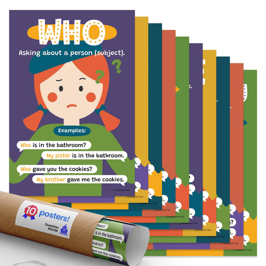 Quarterhouse Question Words Poster Set, English-Language Arts Classroom Learning Materials for K-12 Students and Teachers, Set of 10, 12x18, Extra Durable