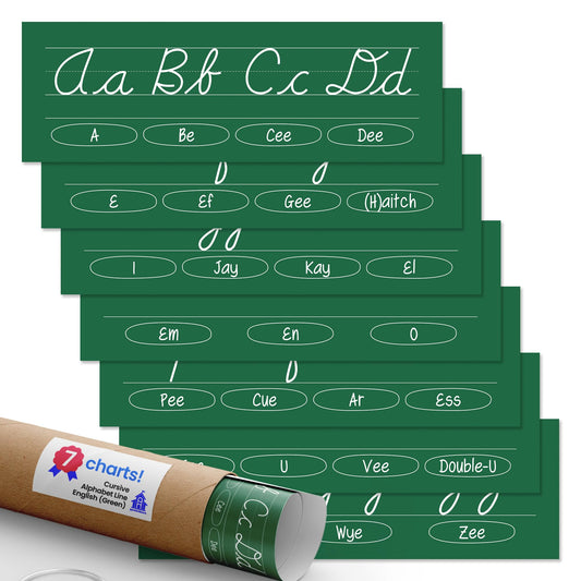 Quarterhouse Cursive Alphabet Line for Classroom Wall - English (Green) Poster Set, English - Language Arts Classroom Learning Materials for K-12 Students and Teachers, Set of 7, 12 x 18 Inches, Extra Durable