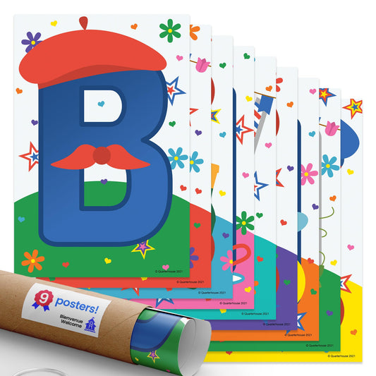 Quarterhouse Bienvenue Welcome Poster Set, French - ESL Classroom Learning Materials for K-12 Students and Teachers, Set of 9, 12 x 18 Inches, Extra Durable