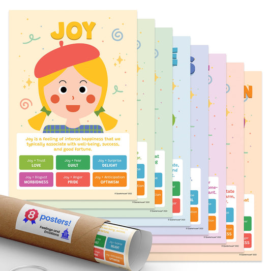 Quarterhouse Feelings and Emotions Poster Set, Psychology Classroom Learning Materials for K-12 Students and Teachers, Set of 8, 12x18, Extra Durable