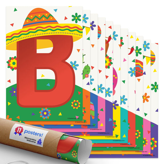 Quarterhouse Bienvenidos Welcome Poster Set, Spanish - ESL Classroom Learning Materials for K-12 Students and Teachers, Set of 11, 12 x 18 Inches, Extra Durable