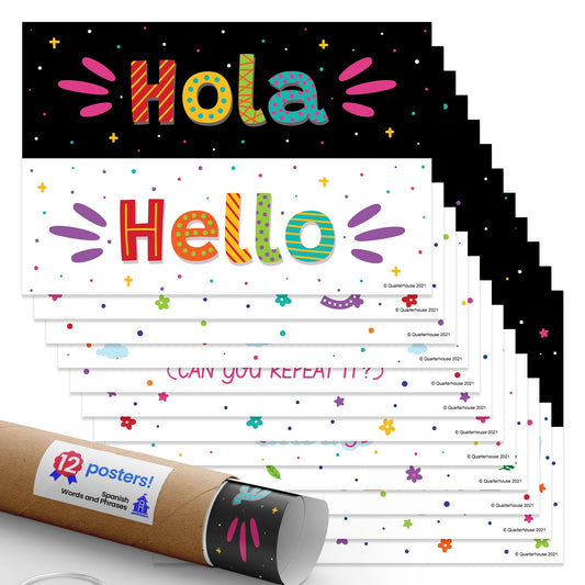 Quarterhouse Spanish Words and Phrases Poster Set, Spanish - ESL Classroom Learning Materials for K-12 Students and Teachers, Set of 12, 12 x 18 Inches, Extra Durable