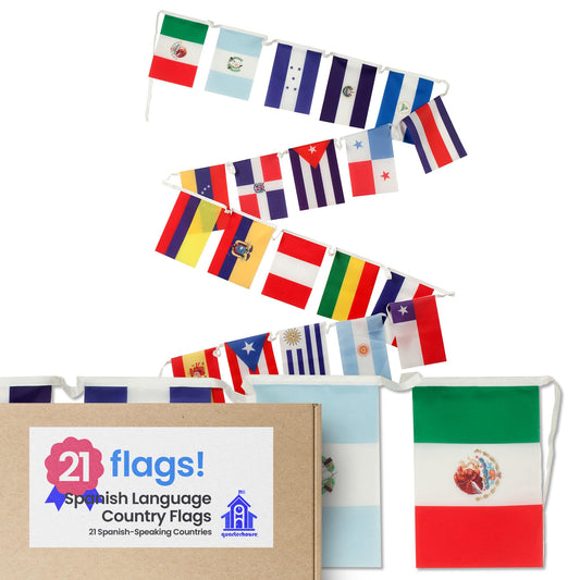 Quarterhouse Spanish Language Country Flags for the Classroom - 18 Latin American Countries Plus Spain, Puerto Rico, and Equatorial Guinea - 21 Flags Per String - Polyester, 8 x 12 Inches
