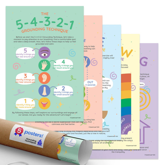Quarterhouse Grounding Techniques Poster Set, Psychology Classroom Learning Materials for K-12 Students and Teachers, Set of 5, 12x18, Extra Durable