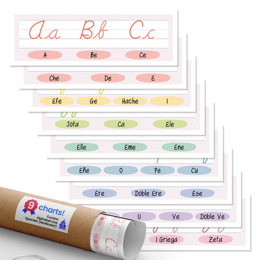 Quarterhouse Cursive Alphabet Line for Classroom Wall - Spanish (Multicolor) Poster Set, Spanish Classroom Learning Materials for K-12 Students and Teachers, Set of 9, 12 x 18 Inches, Extra Durable