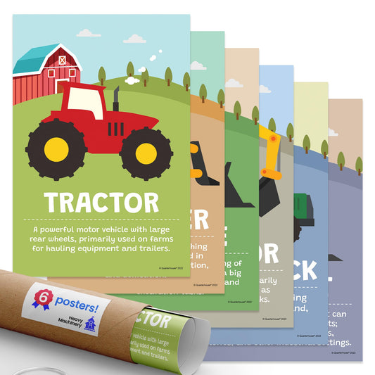 Quarterhouse Heavy Machinery Poster Set, Elementary Classroom Learning Materials for K-12 Students and Teachers, Set of 6, 12x18, Extra Durable