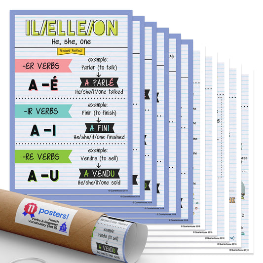 Quarterhouse French Verbs & Beginner Vocabulary (Set B) Poster Set, French Classroom Learning Materials for K-12 Students and Teachers, Set of 11, 12 x 18 Inches, Extra Durable