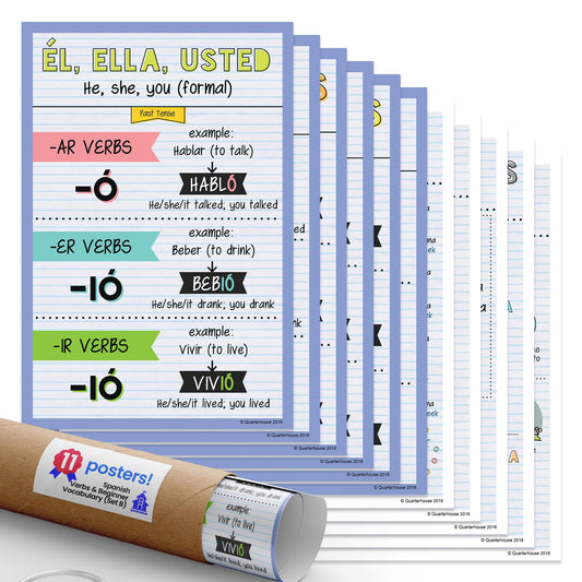 Quarterhouse Spanish Verbs & Beginner Vocabulary (Set B) Poster Set, Spanish Classroom Learning Materials for K-12 Students and Teachers, Set of 11, 12 x 18 Inches, Extra Durable