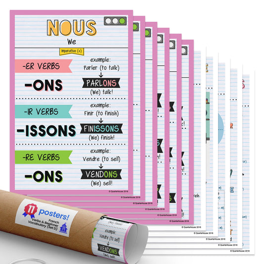Quarterhouse French Verbs & Beginner Vocabulary (Set D) Poster Set, French Classroom Learning Materials for K-12 Students and Teachers, Set of 11, 12 x 18 Inches, Extra Durable