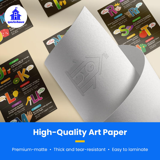 Quarterhouse Spanish Alphabet, Pronunciation, and Cursive Chart with Sample Sentences Poster Set, Spanish - ESL Classroom Learning Materials for K-12 Students and Teachers, Set of 7, 12 x 18 Inches, Extra Durable