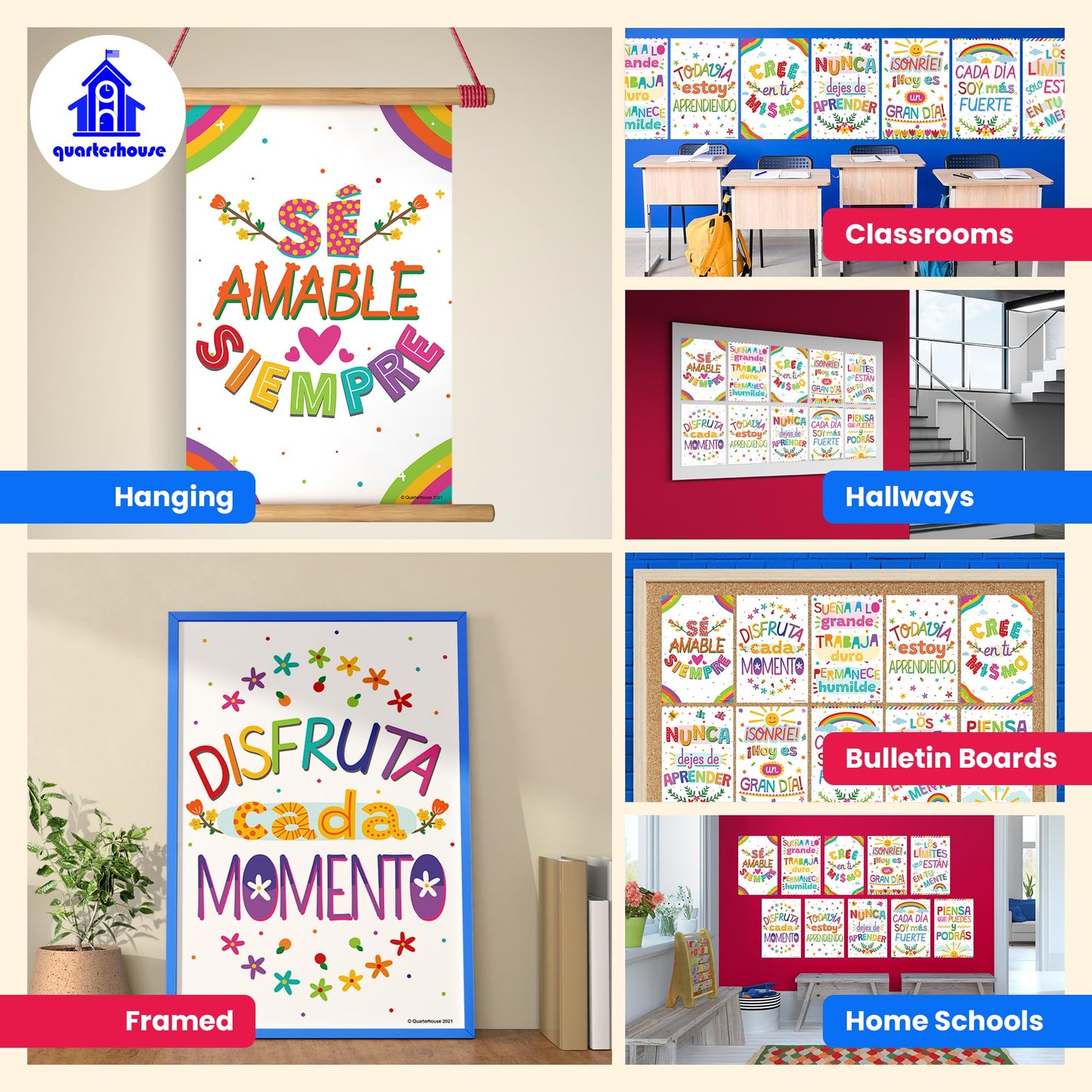 Quarterhouse Spanish Motivational (White) Poster Set, Spanish Classroom Learning Materials for K-12 Students and Teachers, Set of 12, 12 x 18 Inches, Extra Durable