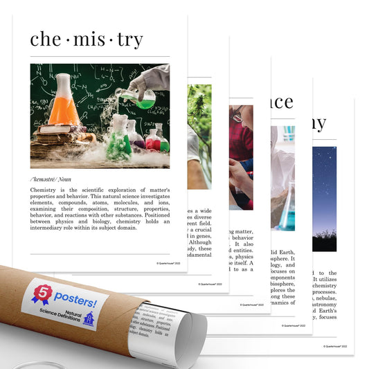 Quarterhouse Natural Science Definitions Poster Set, Science Classroom Learning Materials for K-12 Students and Teachers, Set of 5, 12x18, Extra Durable