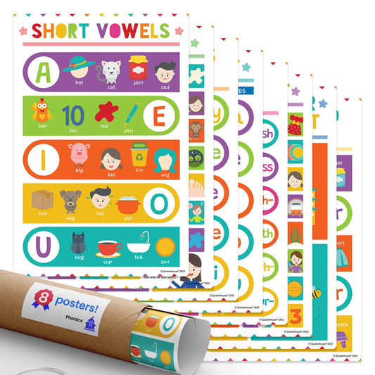 Quarterhouse Phonics Poster Set, English - Language Arts Classroom Learning Materials for K-12 Students and Teachers, Set of 8, 12 x 18 Inches, Extra Durable