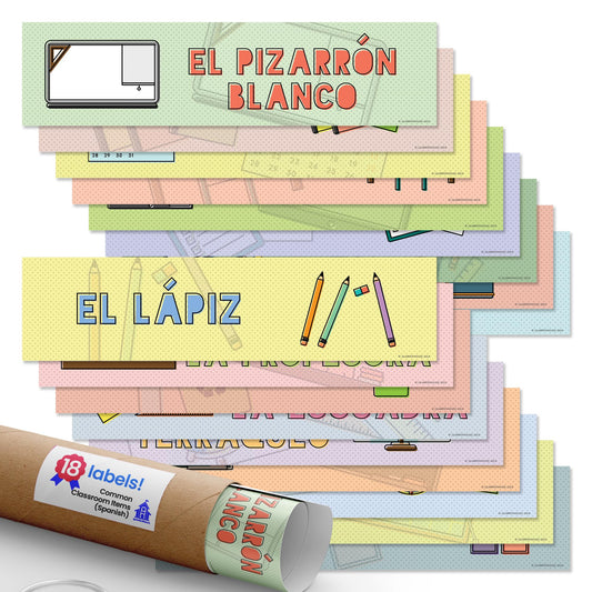 Quarterhouse Spanish Language Labels for Common Classroom Items (Non-Adhesive) Label Set, Spanish - ESL Learning Materials for K-12 Students and Teachers, Set of 18, 12 x 3 Inches, Extra Durable