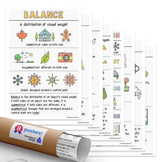 Quarterhouse Principles of Design Poster Set, Art Classroom Learning Materials for K-12 Students and Teachers, Set of 8, 12 x 18 Inches, Extra Durable