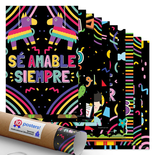 Quarterhouse Spanish Motivational (Illustrated) Poster Set, Spanish - ESL Classroom Learning Materials for K-12 Students and Teachers, Set of 10, 12 x 18 Inches, Extra Durable