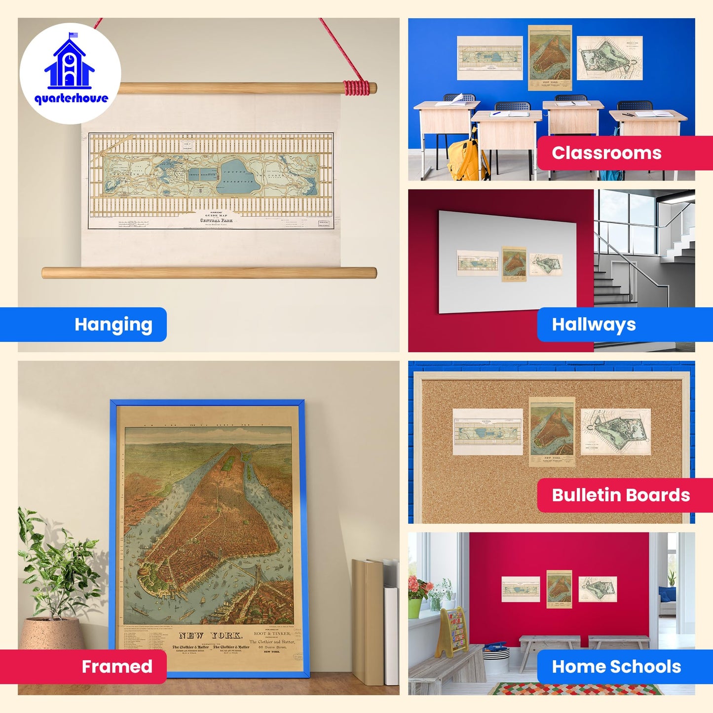 Quarterhouse Vintage New York Maps (Set B) Poster Set, Social Studies Classroom Learning Materials for K-12 Students and Teachers, Set of 3, 12 x 18 Inches, Extra Durable