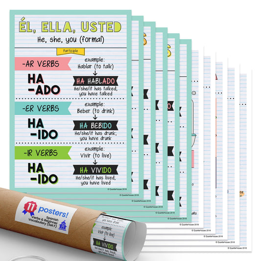Quarterhouse Spanish Verbs & Beginner Vocabulary (Set F) Poster Set, Spanish Classroom Learning Materials for K-12 Students and Teachers, Set of 11, 12 x 18 Inches, Extra Durable