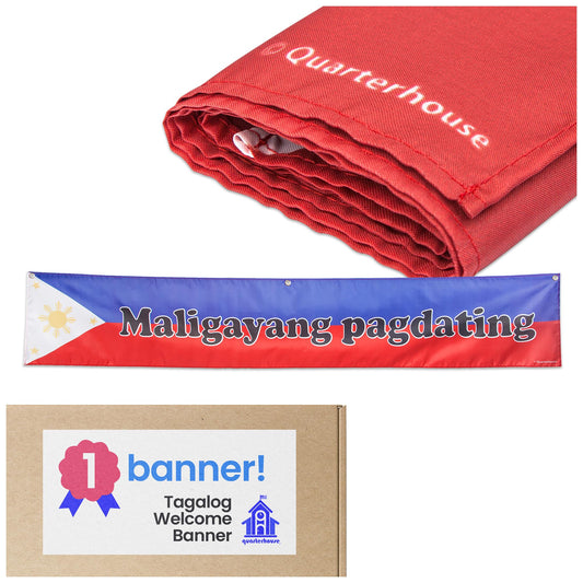 Quarterhouse Tagalog Welcome Banner for Filipino Classrooms, Bilingual Businesses, Special Events - Flag of the Philippines (Blue, Red, White & Yellow) Background - Polyester, 60 x 10 Inches