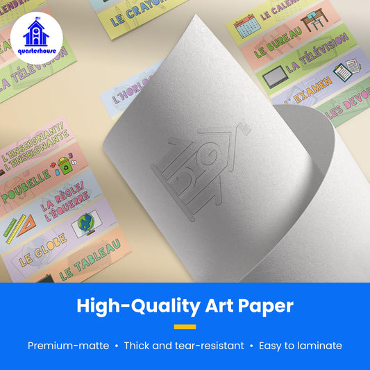 Quarterhouse French Language Labels for Common Classroom Items (Non-Adhesive) Label Set, French - ESL Learning Materials for K-12 Students and Teachers, Set of 18, 12 x 3 Inches, Extra Durable