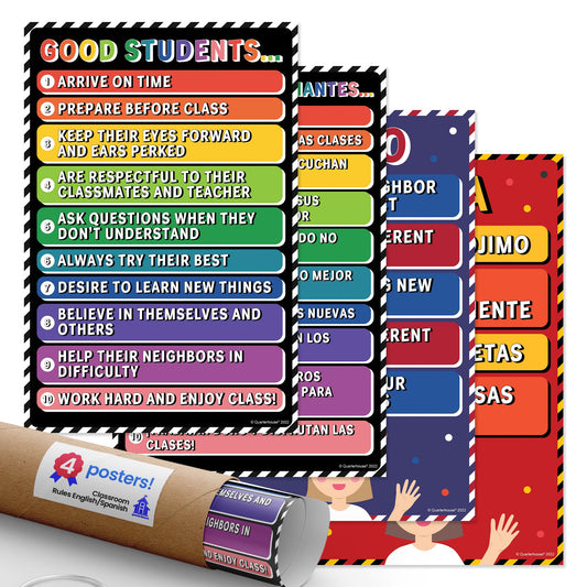 Quarterhouse Classroom Rules - English/Spanish Poster Set, Elementary Classroom Learning Materials for K-12 Students and Teachers, Set of 4, 12 x 18 Inches, Extra Durable