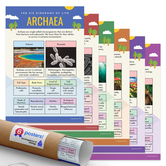 Quarterhouse Six Kingdoms of Biology Poster Set, Science Classroom Learning Materials for K-12 Students and Teachers, Set of 6, 12x18, Extra Durable
