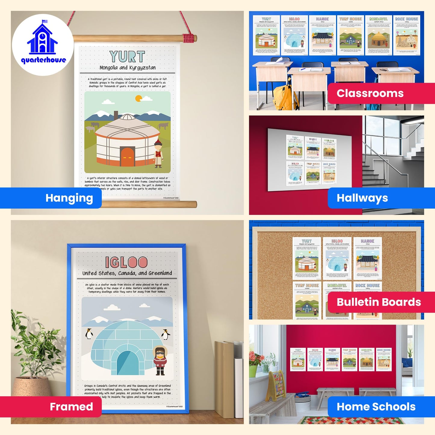 Quarterhouse Homes Around the World Poster Set, Social Studies Classroom Learning Materials for K-12 Students and Teachers, Set of 6, 12 x 18 Inches, Extra Durable