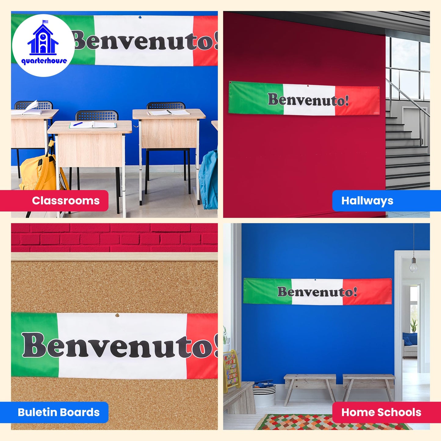 Quarterhouse Italian Welcome Banner for Italian Classrooms, Restaurants, Bilingual Businesses, Special Events - Flag of Italy (Green, White & Red) Background - Polyester, 60 x 10 Inches