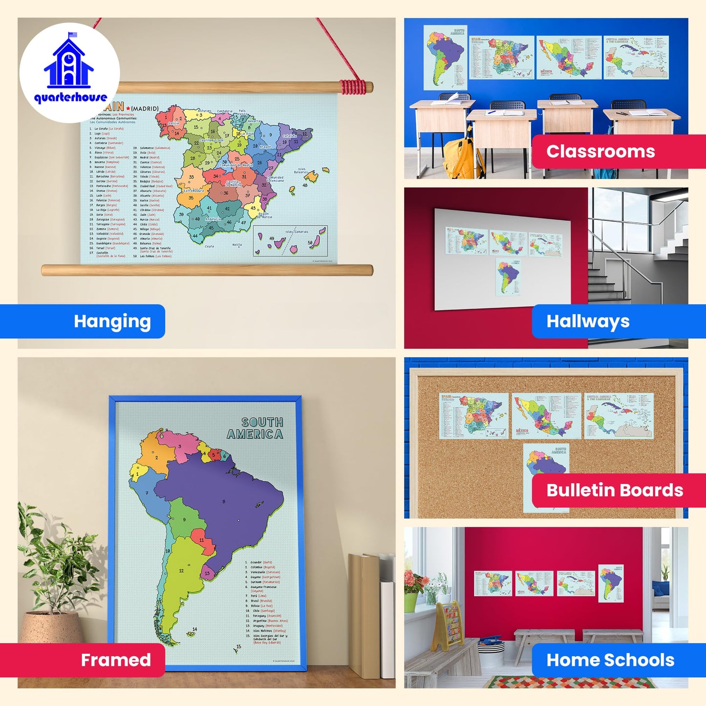 Quarterhouse Spanish Language Country Maps for the Classroom - Spain, Mexico, Central America/Caribbean, & South America Poster Set, Spanish Classroom Learning Materials for K-12 Students and Teachers, Set of 4, 12 x 18 Inches, Extra Durable
