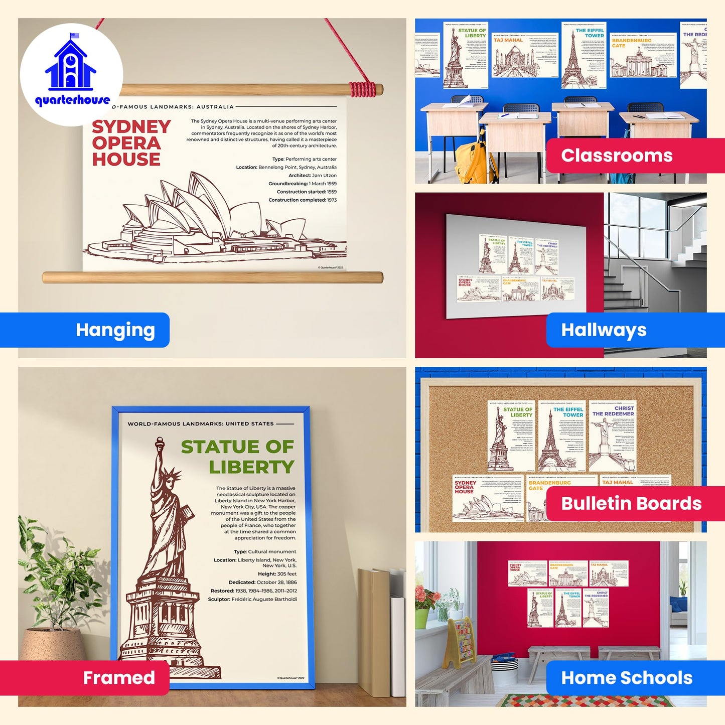 Quarterhouse Famous Landmarks of the World Poster Set, Social Studies and Geography Classroom Learning Materials for K-12 Students and Teachers, Set of 6, 12 x 18 Inches, Extra Durable