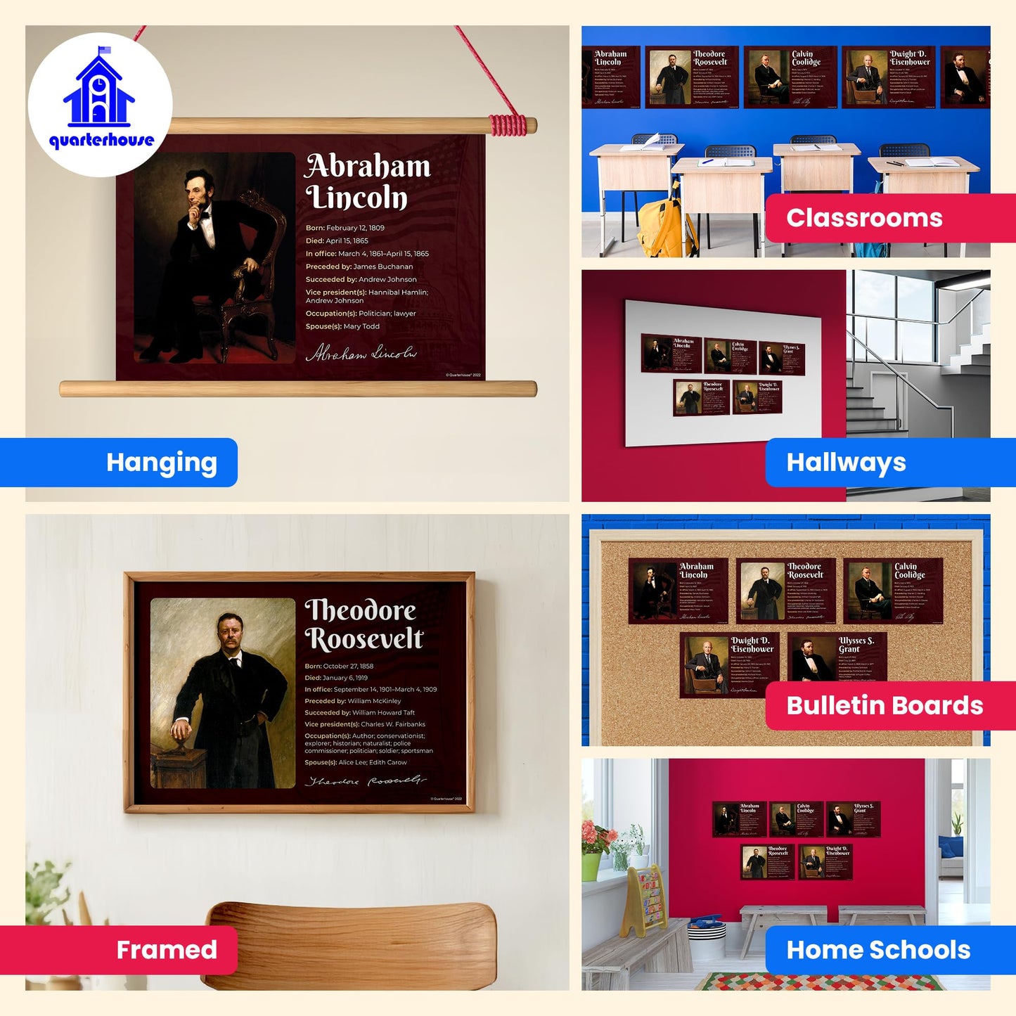 Quarterhouse Famous Republican Presidents Poster Set, Social Studies Classroom Learning Materials for K-12 Students and Teachers, Set of 5, 12 x 18 Inches, Extra Durable