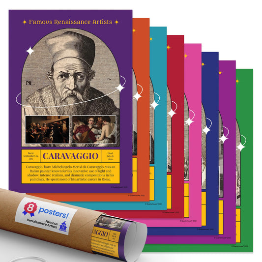 Quarterhouse Famous Renaissance Artists Poster Set, Art Classroom Learning Materials for K-12 Students and Teachers, Set of 8, 12x18, Extra Durable