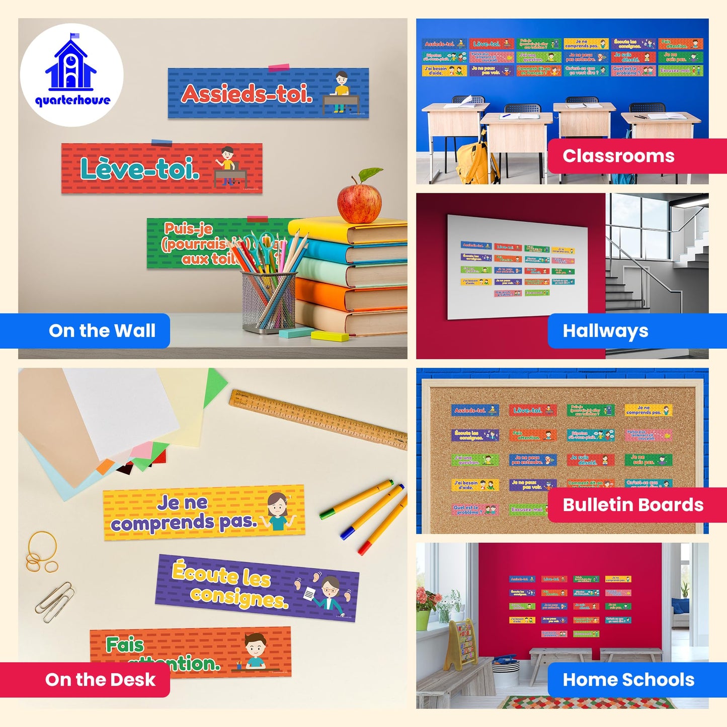 Quarterhouse French Classroom Phrases and Commands Label Set, French - ESL Classroom Learning Materials for K-12 Students and Teachers, Set of 18, 12 x 3 Inches, Extra Durable