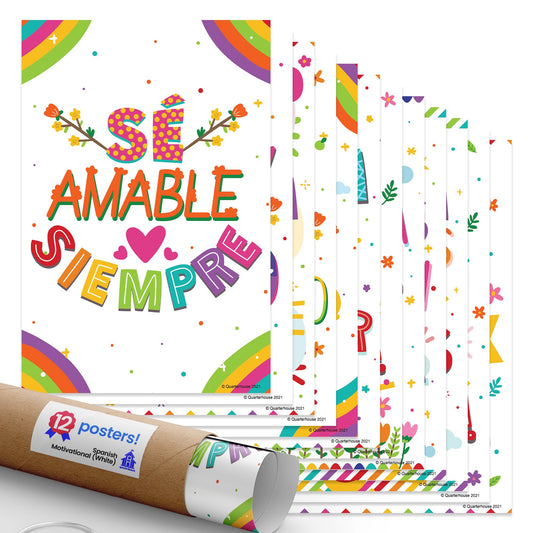 Quarterhouse Spanish Motivational (White) Poster Set, Spanish Classroom Learning Materials for K-12 Students and Teachers, Set of 12, 12 x 18 Inches, Extra Durable