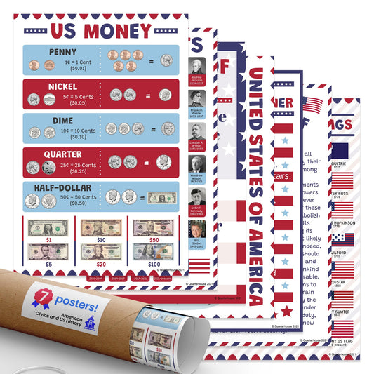 Quarterhouse American Civics and US History Poster Set, Social Studies Classroom Learning Materials for K-12 Students and Teachers, Set of 7, 12 x 18 Inches, Extra Durable