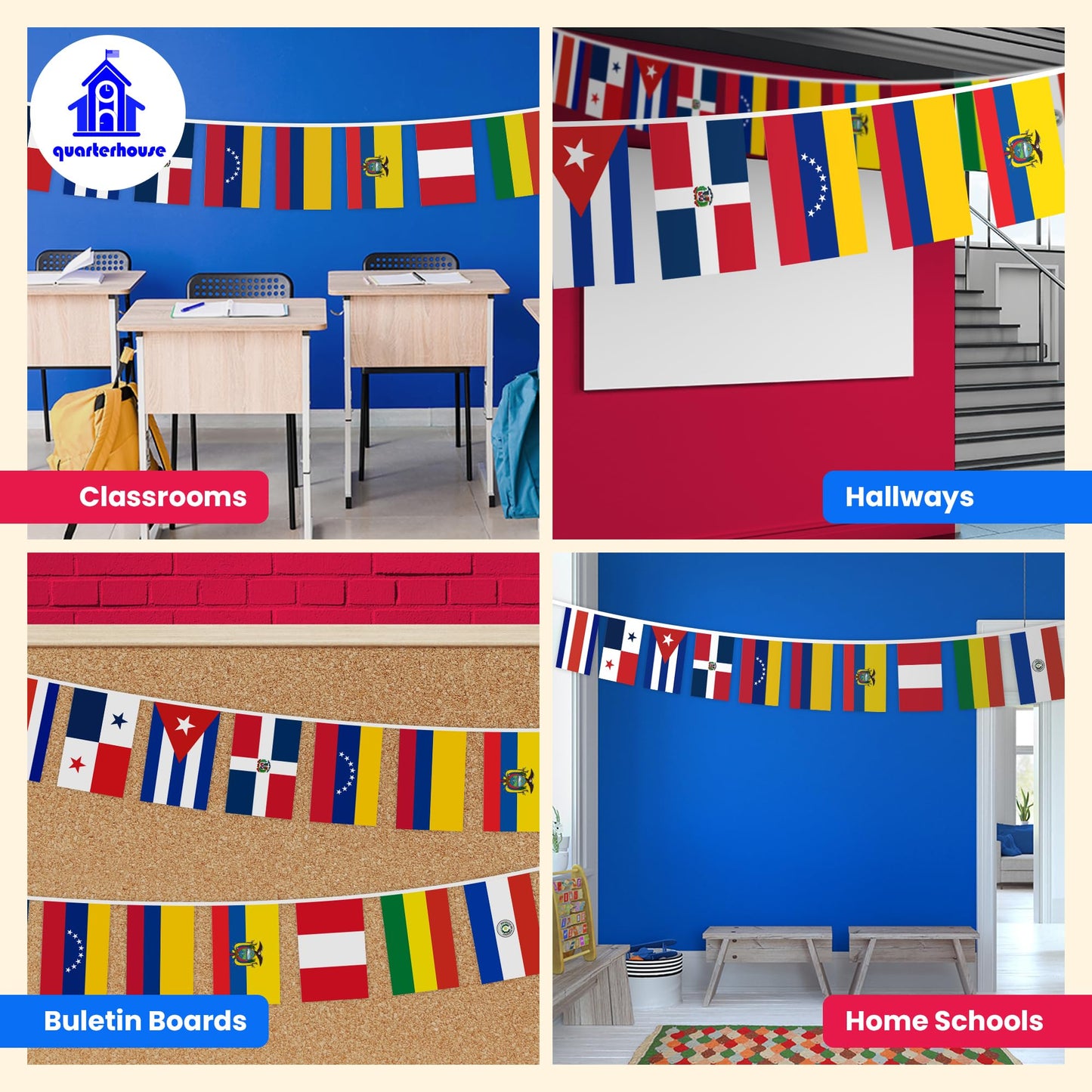 Quarterhouse Spanish Language Country Flags for the Classroom - 18 Latin American Countries Plus Spain, Puerto Rico, and Equatorial Guinea - 21 Flags Per String - Polyester, 8 x 12 Inches