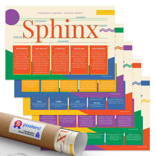 Quarterhouse Typography (Basic Anatomy) Poster Set, Art Classroom Learning Materials for K-12 Students and Teachers, Set of 5, 12x18, Extra Durable