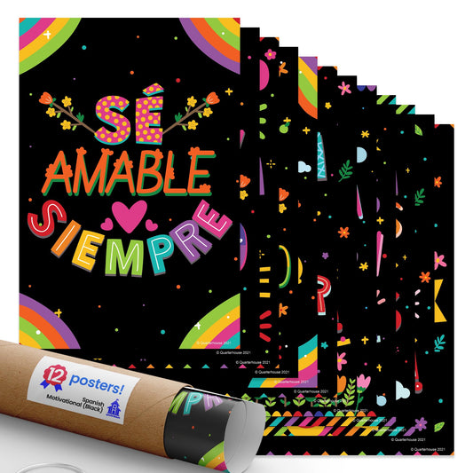 Quarterhouse Spanish Motivational (Black) Poster Set, Spanish Classroom Learning Materials for K-12 Students and Teachers, Set of 12, 12 x 18 Inches, Extra Durable