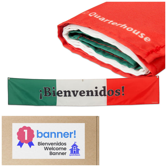 Quarterhouse Bienvenidos Welcome Banner for Spanish Classrooms, Businesses, & Special Events - Mexican Flag (Green, White, & Red) Background - Polyester, 60 x 10 Inches