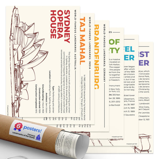 Quarterhouse Famous Landmarks of the World Poster Set, Social Studies and Geography Classroom Learning Materials for K-12 Students and Teachers, Set of 6, 12 x 18 Inches, Extra Durable