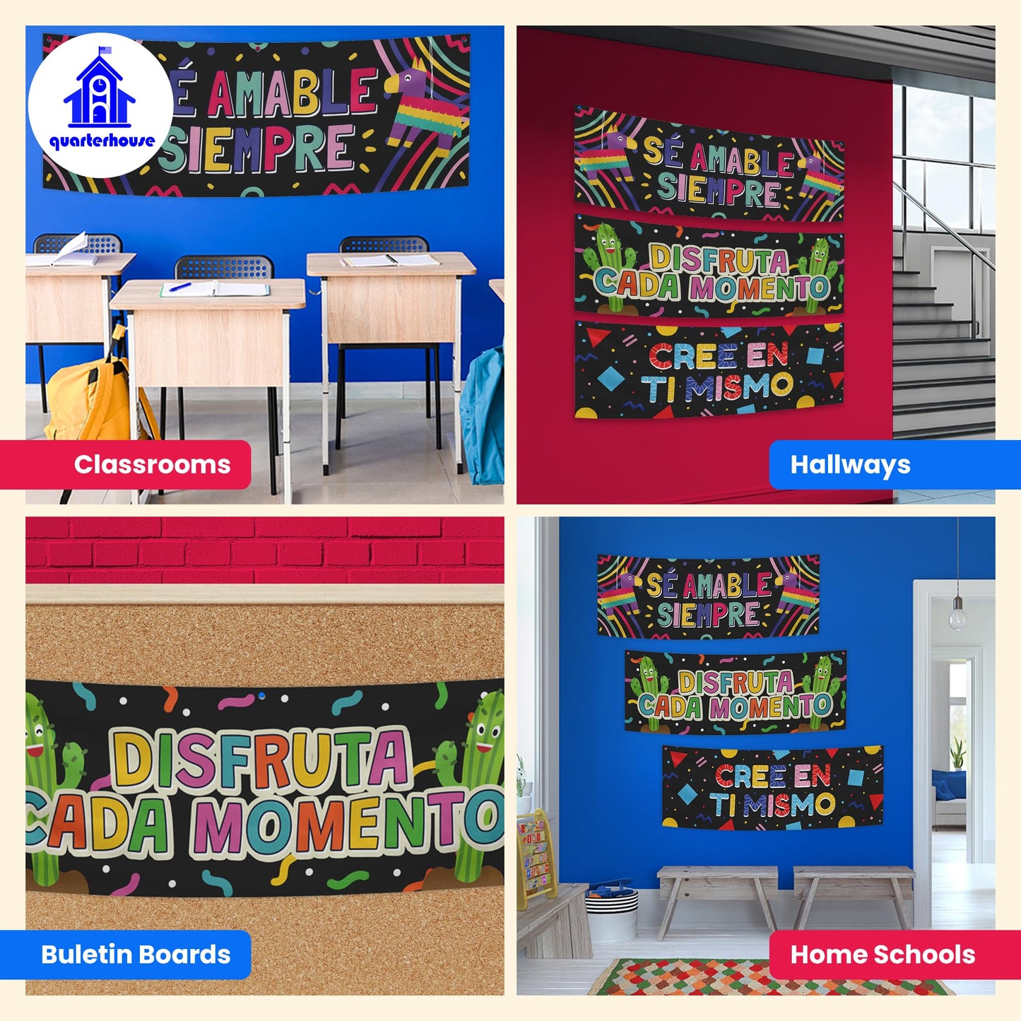 Quarterhouse Spanish Motivational (A) Banner Set, Spanish - ESL Classroom Learning Materials for K-12 Students and Teachers, Set of 3, 39 x 13.5 Inches, Extra Durable