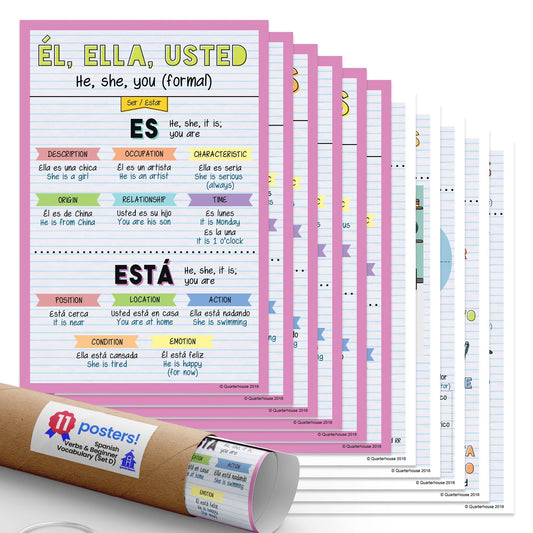 Quarterhouse Spanish Verbs & Beginner Vocabulary (Set D) Poster Set, Spanish Classroom Learning Materials for K-12 Students and Teachers, Set of 11, 12 x 18 Inches, Extra Durable
