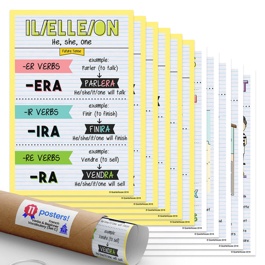 Quarterhouse French Verbs & Beginner Vocabulary (Set C) Poster Set, French Classroom Learning Materials for K-12 Students and Teachers, Set of 11, 12 x 18 Inches, Extra Durable