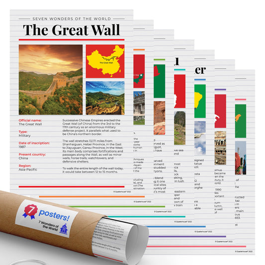 Quarterhouse 7 Wonders of the World Poster Set, Social Studies and Geography Classroom Learning Materials for K-12 Students and Teachers, Set of 7, 12 x 18 Inches, Extra Durable
