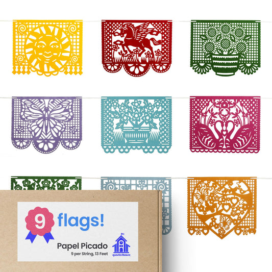 Quarterhouse Papel Picado for Spanish Classrooms and Fiestas, Vivid Colors and Cultural Motifs - 9 Per String - Felt, 8 x 12 Inches