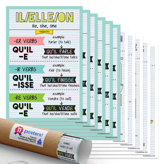 Quarterhouse French Verbs & Beginner Vocabulary (Set F) Poster Set, French Classroom Learning Materials for K-12 Students and Teachers, Set of 11, 12 x 18 Inches, Extra Durable