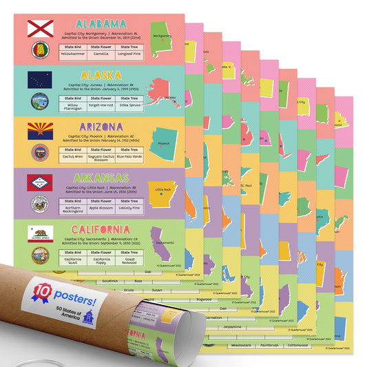 Quarterhouse 50 States of America Poster Set, Social Studies Classroom Learning Materials for K-12 Students and Teachers, Set of 10, 12 x 18 Inches, Extra Durable