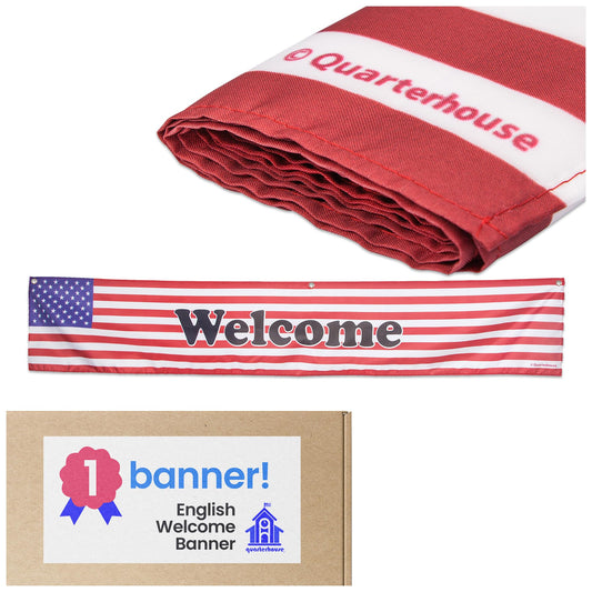 Quarterhouse English Welcome Banner for ESL Classrooms, Bilingual Businesses, Special Events - Flag of The United States (Red, White & Blue) Background - Polyester, 60 x 10 Inches