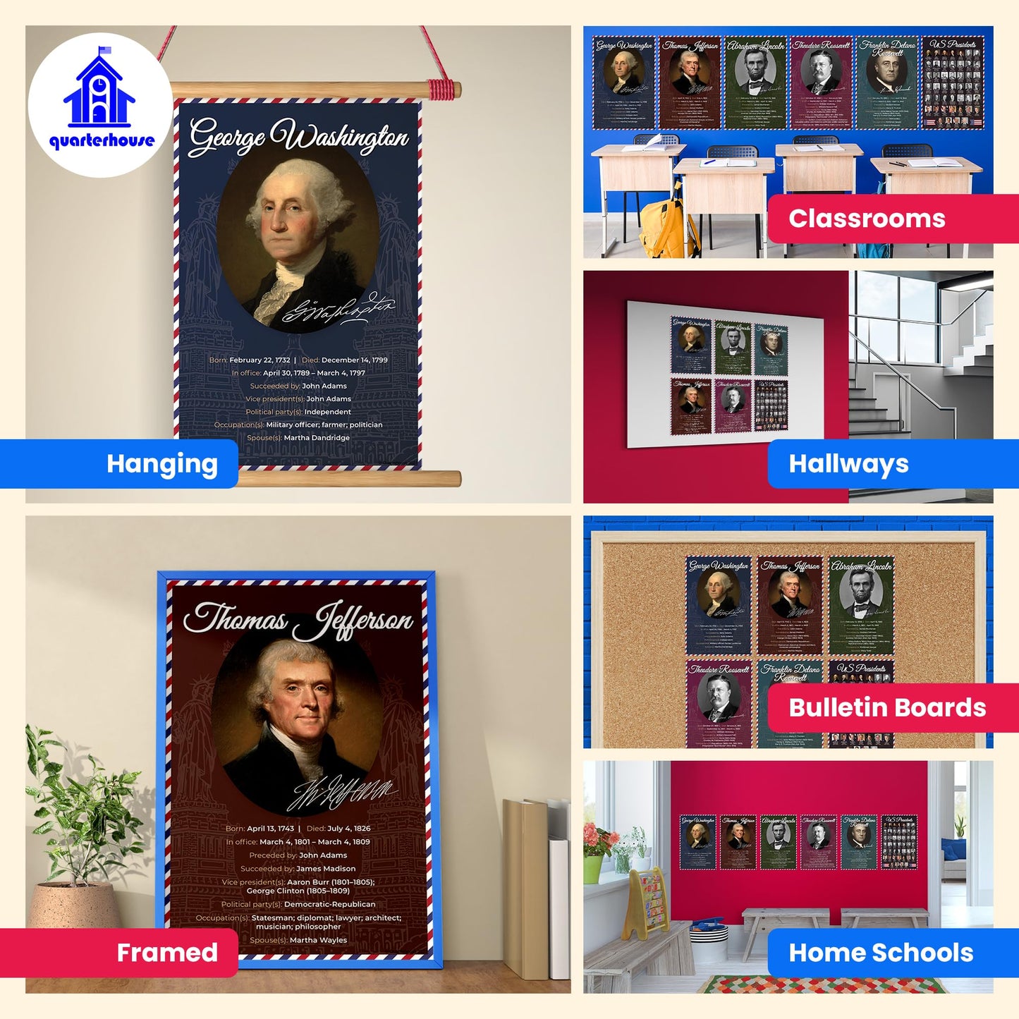 Quarterhouse Most Influential US Presidents Poster Set, Social Studies Classroom Learning Materials for K-12 Students and Teachers, Set of 6, 12 x 18 Inches, Extra Durable