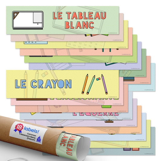Quarterhouse French Language Labels for Common Classroom Items (Non-Adhesive) Label Set, French - ESL Learning Materials for K-12 Students and Teachers, Set of 18, 12 x 3 Inches, Extra Durable